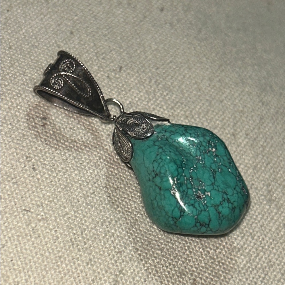 Turquoise & 925 Silver Pendant-Mid Century-Vintage - Picture 2 of 7